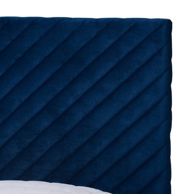 Elegant Chevron Tufted King Platform Bed in Lavish Blue Velvet