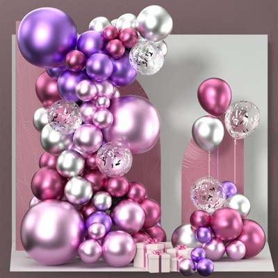 PartyWoo Balloon Garland Pink Purple Red Silver Metallic 18 12 10 5 Inch 100 pcs