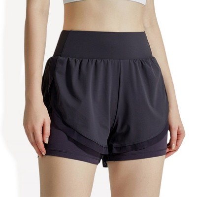 Anna-Kaci Active Women's High Waist Layered Athletic Shorts with Mesh Lining and Side Pockets