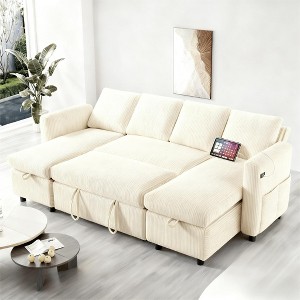 Vipbear 105-inch four-seat pull-out bed with storage space and side pockets, adjustable backrest, convertible sofa bed, corduroy - 1 of 4