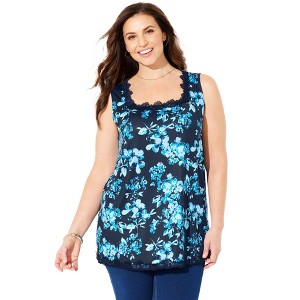Catherines Women's Plus Size Square-Neck Lace Trim Tank - 1 of 2