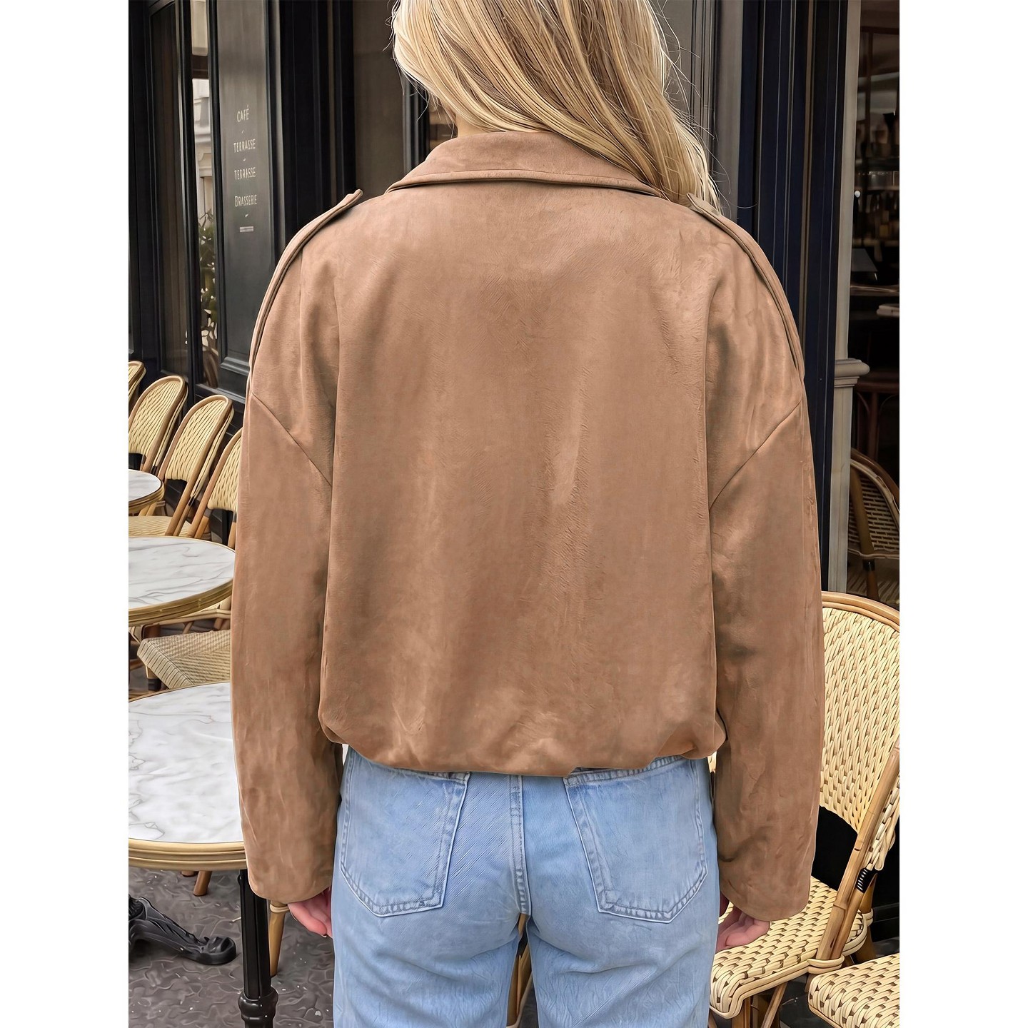 Женская куртка INSPIRE CHIC Cropped Faux Suede Lapel Batwing Sleeve Zip Up Bomber Outerwear Jacket M Khaki, цвет: Хаки — фото 3