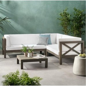 Sapphtopaz Patio Furniture Set Acacia Wood L-Shaped Loveseat Sectional Outdoor Chairs with Cushions Square Coffee Table for Garden, Backyard, White - 1 of 4