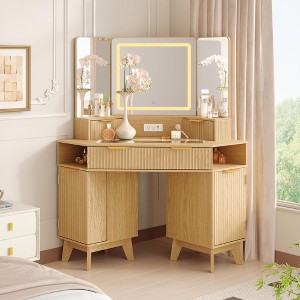 48" Fluted Makeup Vanity, Corner Vanity Desk with 3 Mirrors, Tempered Glass Top, 3 Drawers, 2 Cabinets & 2 Shelf Rack for Bedroom, Dressing Room - 1 of 4