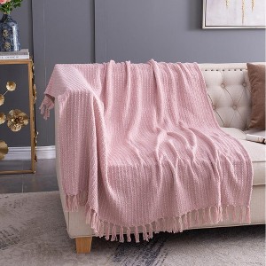 Sapphtopaz 2PCS 50"x60" Decorative Blanket with Pinstripes Four-Season Cozy Cotton Throw Blanket with Tassels for Bed,Blanket for Room - 1 of 4