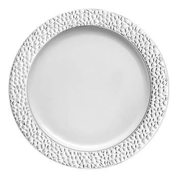 Smarty Had A Party 10.25" White with Silver Hammered Rim Round Plastic Dinner Plates (120 Plates)