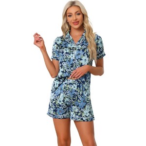 cheibear Women's Summer Short Sleeves Button Down Shirt with Shorts Pajamas Sets - 1 of 4