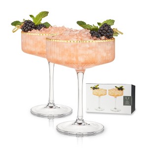 Viski Meridian Vintage Coupe Glasses Set of 2 - Champagne Glass, Art Deco Ripple Glassware Design, 8oz Gold Rimmed Stemmed Crystal Drinking Set, Clear - 1 of 4
