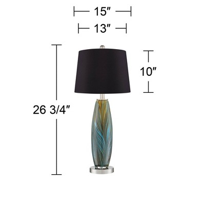 Azure Blue and Brown Art Glass Table Lamps Set with Black Fabric Shades