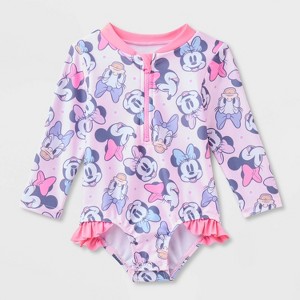 Baby Girls' Disney Minnie & Daisy Long Sleeve One Piece Rash Guard - Pink - 1 of 3