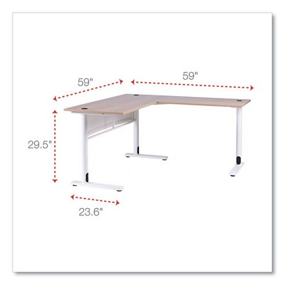 Beigewood and White L-Shaped Writing Desk with Metal Base