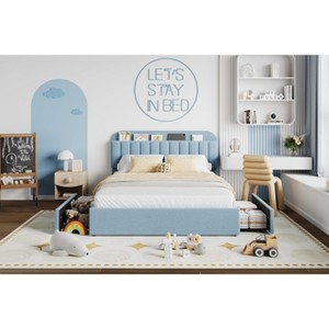 Bed Frame with Storage Headboard, Kids Bed Frame with 2 Drawers, Boucle Upholstered Platform Bed with Bookcase, No Box Spring Needed, Easy Assembly - 1 of 4