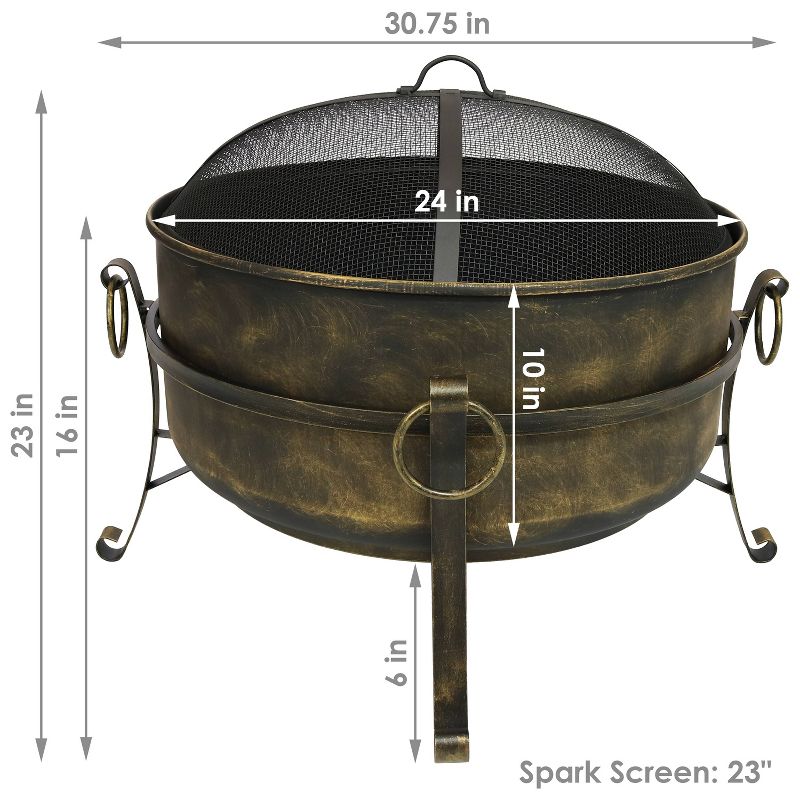 Sunnydaze Outdoor Camping or Backyard Round Cauldron Fire Pit with Spark Screen, Log Poker, and Metal Wood Grate, 4 of 11