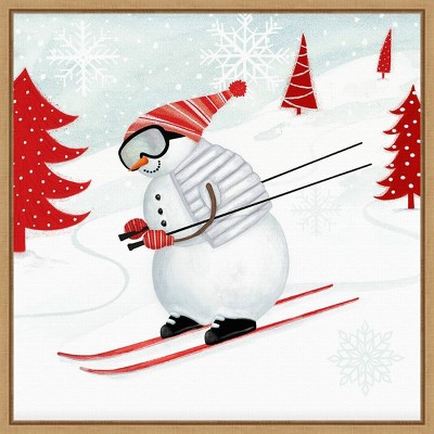 16" x 16" Snow Day II Snowman Skiing by Victoria Borges Framed Canvas Wall Art - Amanti Art