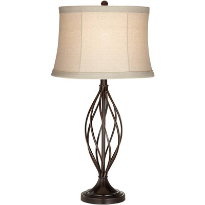 Franklin Iron Works Table Lamp Iron Deep Bronze Open Twist Tan Bell Drum Shade for Living Room Family Bedroom Bedside Nightstand