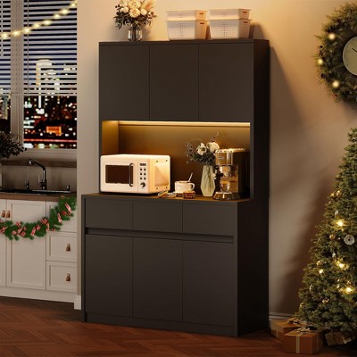 Homhougo 70" Kitchen Food Pantry with Charge Station, LED Light,Storage Cabinet Black