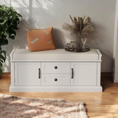 Alilang 42.50 inches Wooden Entryway Bench with Cushioned Seat, Cabinets, and Drawers-White