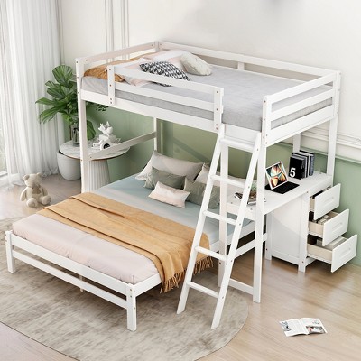Twin Over Full Bunk Bed for Kids, Low Bunk Bed with Ladder and Guardrail, Wood Platform Bed Frame with Storage Drawers for Kids Teens Adults