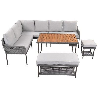 6-Piece Patio Conversation L-Shaped Set,Acacia Wood Table With Ice Box,Sectional Sofa Set With Deep Seating And Thick Cushion -Maison Boucle