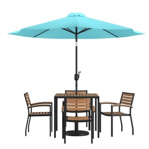 Merrick Lane Seven Piece Faux Teak Patio Dining Set Includes Table, Four Club Chairs, 9' Patio Umbrella and Base - 1 of 4