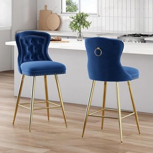 Black Bar Stools Set of 2 Velvet Counter Height Bar Stools with Metal Legs Button Tufted and Nailheads Trim Wing-Back Bar Chairs - 1 of 4