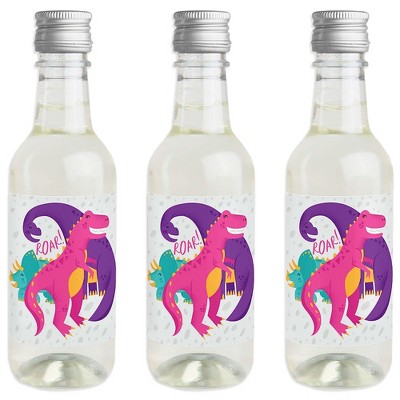 Big Dot of Happiness Roar Dinosaur Girl - Mini Wine & Champagne Bottle Label Stickers - Dino Mite T-Rex Baby Shower Birthday Party Favor Gift - 16 Ct