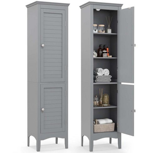 Costway Tall Bathroom Floor Cabinet Narrow Linen Tower with 2 Doors &  Adjustable Shelf Grey