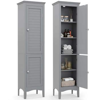 Costway Tall Bathroom Floor Cabinet Narrow Linen Tower with 2 Doors & Adjustable Shelf Black/Coffee/Grey