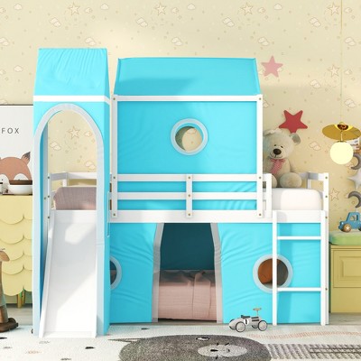 Wood bunk bed with sliding tent tower, fun castle design, guardrails, suitable for boys, girls, and teenagers