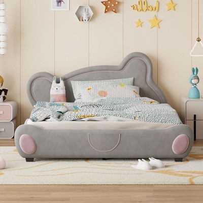 Okak Queen Velvet Platform Bed Frame with Upholstered Bear-Shaped Headboard, Bed-End Storage Pocket for Kids Noise-Free Easy Assembly, Gray
