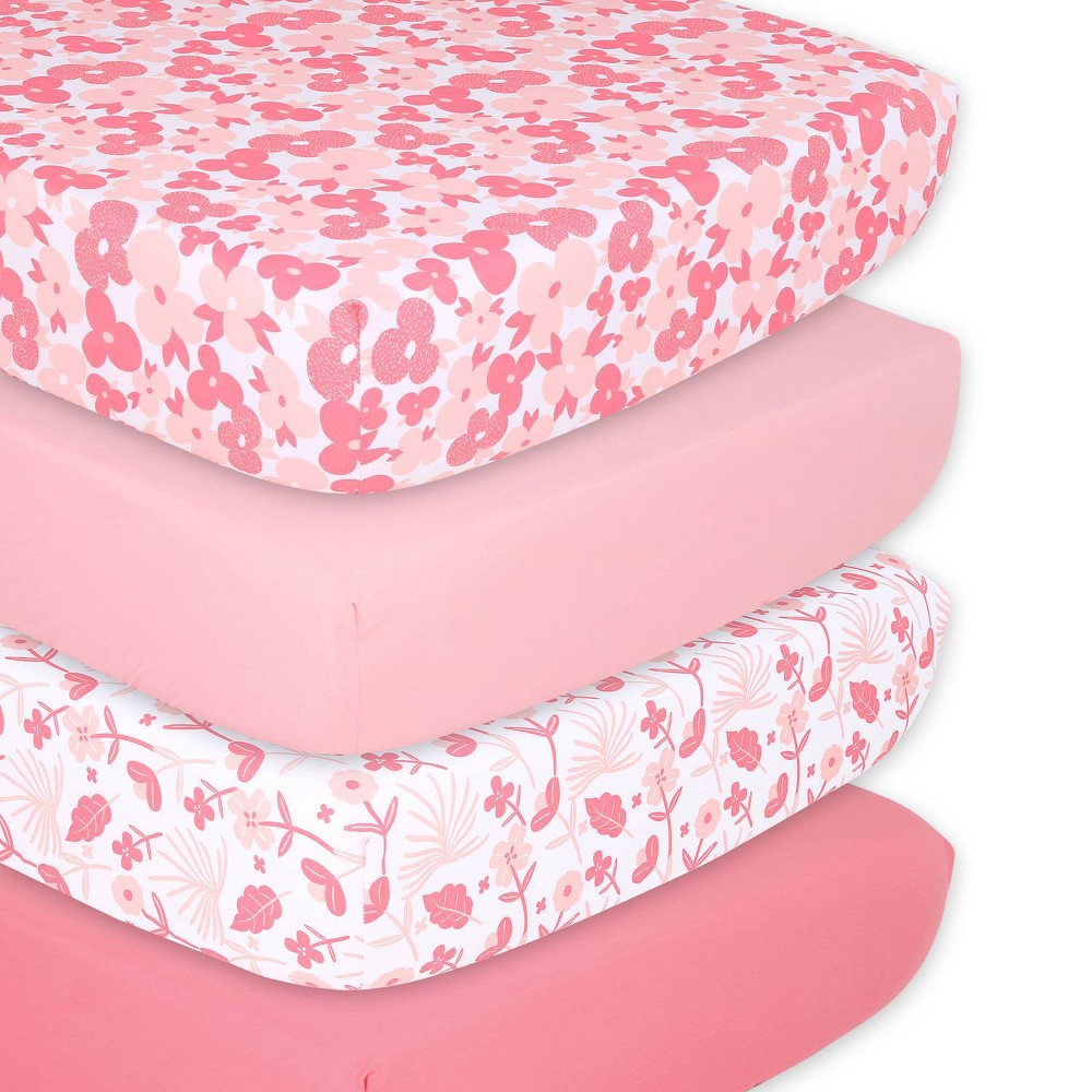 Photos - Bed Linen The Peanutshell Fitted Crib Sheets - Pink Floral Punch - 4pk