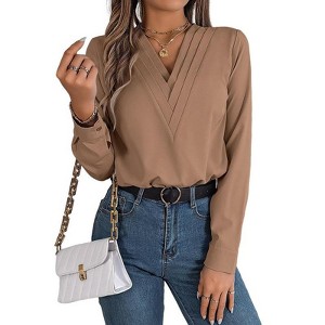 Coolmee Womens V Neck Long Sleeve Tops Dressy Casual Fall Shirts Puff Sleeve Loose Tunic Trendy Tops Blouses - 1 of 4