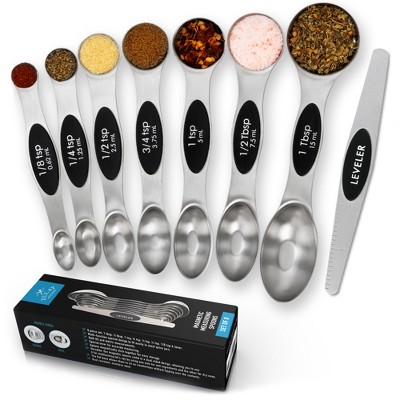 Zulay Kitchen Stainless Steel Magnetic Measuring Spoons, 8 Piece Set With Leveler, Easy to Attach and Detach, Double-Sided Design Fits Spice Jars