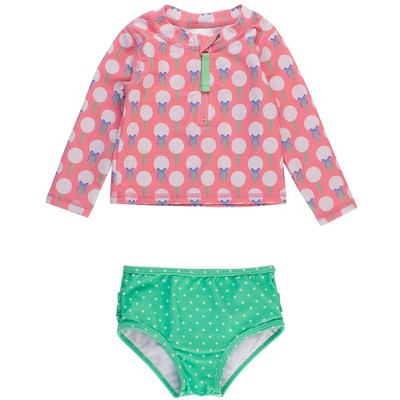 RuffleButts Baby/Toddler Girls UPF50+ Long Sleeve Zipper Rash Guard 2-Piece