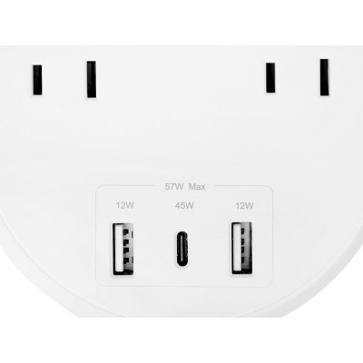 Compact White USB-C Power Strip with 2 Outlets and 57W 3 USB Ports