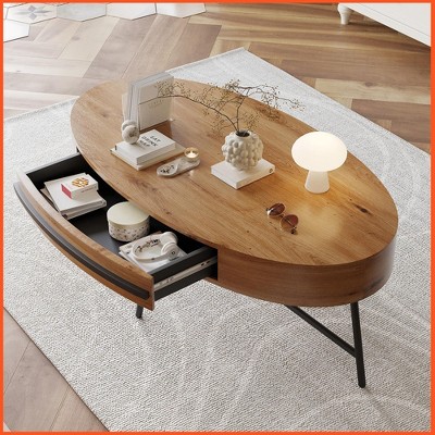 Homhougo Oval Coffee Table with Drawer, 47.2" Mid-Century Modern Center Table, Wooden Coffee Table with Storage Natural