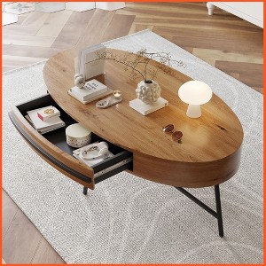 Homhougo Oval Coffee Table with Drawer, 47.2" Mid-Century Modern Center Table, Wooden Coffee Table with Storage Natural - 1 of 1