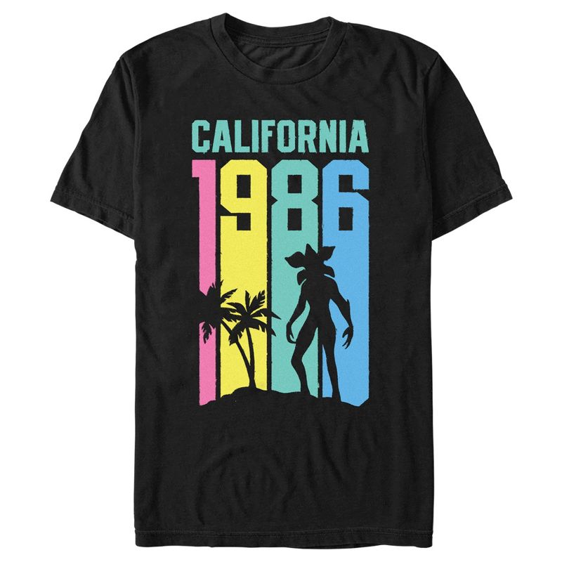 Men's Stranger Things California 1986 Rainbow Stripe Demogorgon T-Shirt, 1 of 6