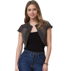 INSPIRE CHIC Women's Cap Sleeve Slim Fit Summer Open Front Crop Denim Jacket - 1 of 4