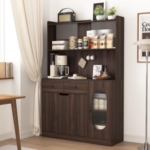 Okak 71"H Wooden Kitchen Pantry Cabinet with Glass Doors & Microwave Stand, Buffet Cabinet for Kitchen Dining Room - 1 of 4