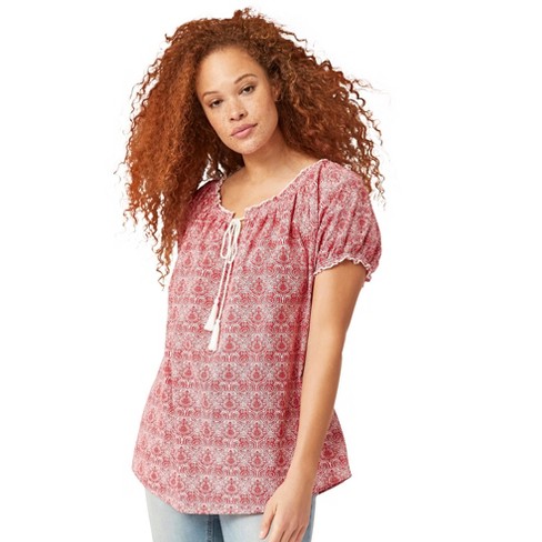 Ellos Women s Plus Size Ruffle Trim Peasant Blouse 2x Apple Red Medallion Target