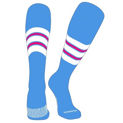 PEAR SOX Striped OTC Baseball, Softball, Football Socks (E) Sky Blue, White, Hot Pink (M)