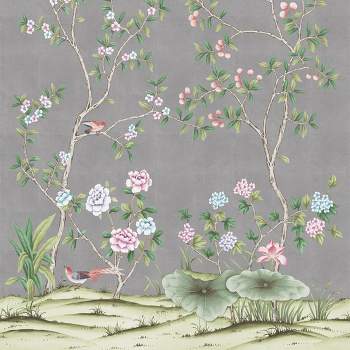 Tempaper & Co. 108"x78"Chinoiserie Lily Silver Removable Peel and Stick Vinyl Wall Mural