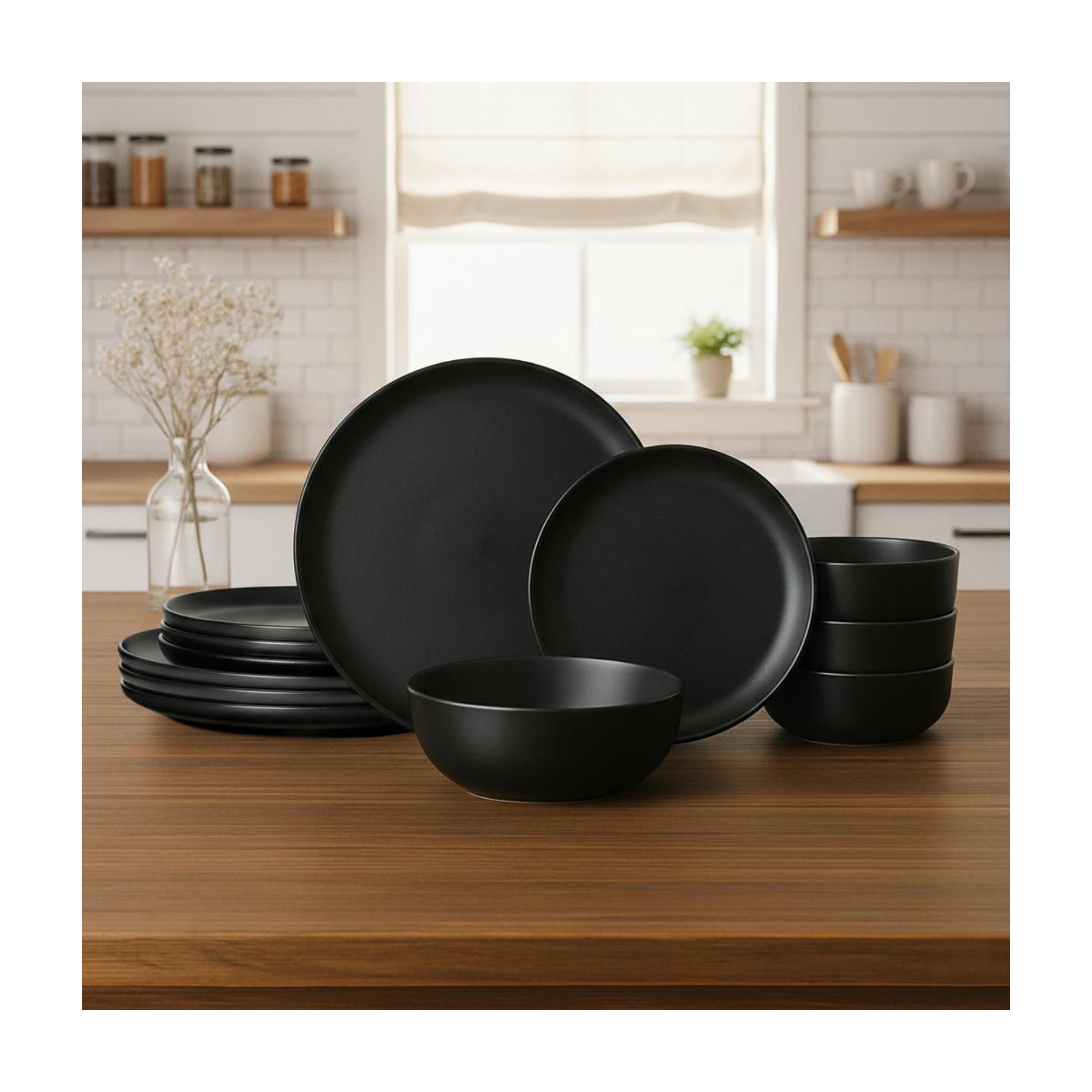 GreenElevate Stoneware Elegance 12-Piece Dinnerware Set for 4, Plates&Bowls, Microwave & Dishwasher Safe, Non-Toxic Matte Glaze, Stackable Dishware