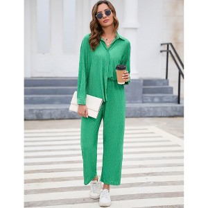 Women's Summer Casual Two-Piece Set with Wide Leg Pants and Button Down Shirt - 1 of 4