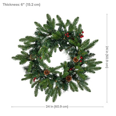 24" Green Pre-Lit Artificial Christmas Wreath with Pinecones and Berries