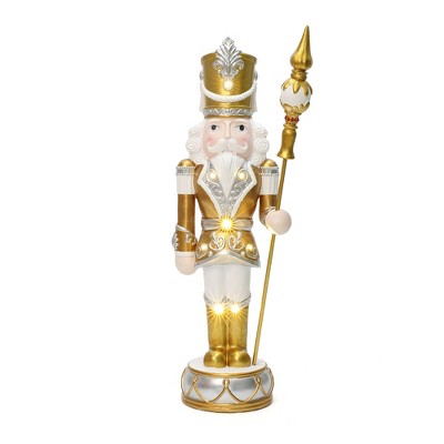LuxenHome Lighted Silver and Gold Nutcracker Soldier with Scepter, Christmas Decoration