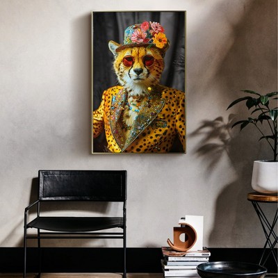 Gulches Abstract Art Wall Decor Stylish Cheetah in Leopard Print Suit with Sunglasses and Hat Featuring Flower Unique Modern Canvas
