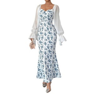 Coolmee Women's Floral Print Bodycon Fishtail Dress Ruched Lantern Long Sleeve Holiday Dresses - 1 of 4