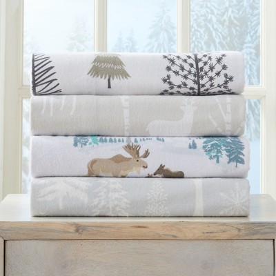 Queen Blue Moose Print Cotton Flannel Sheet Set